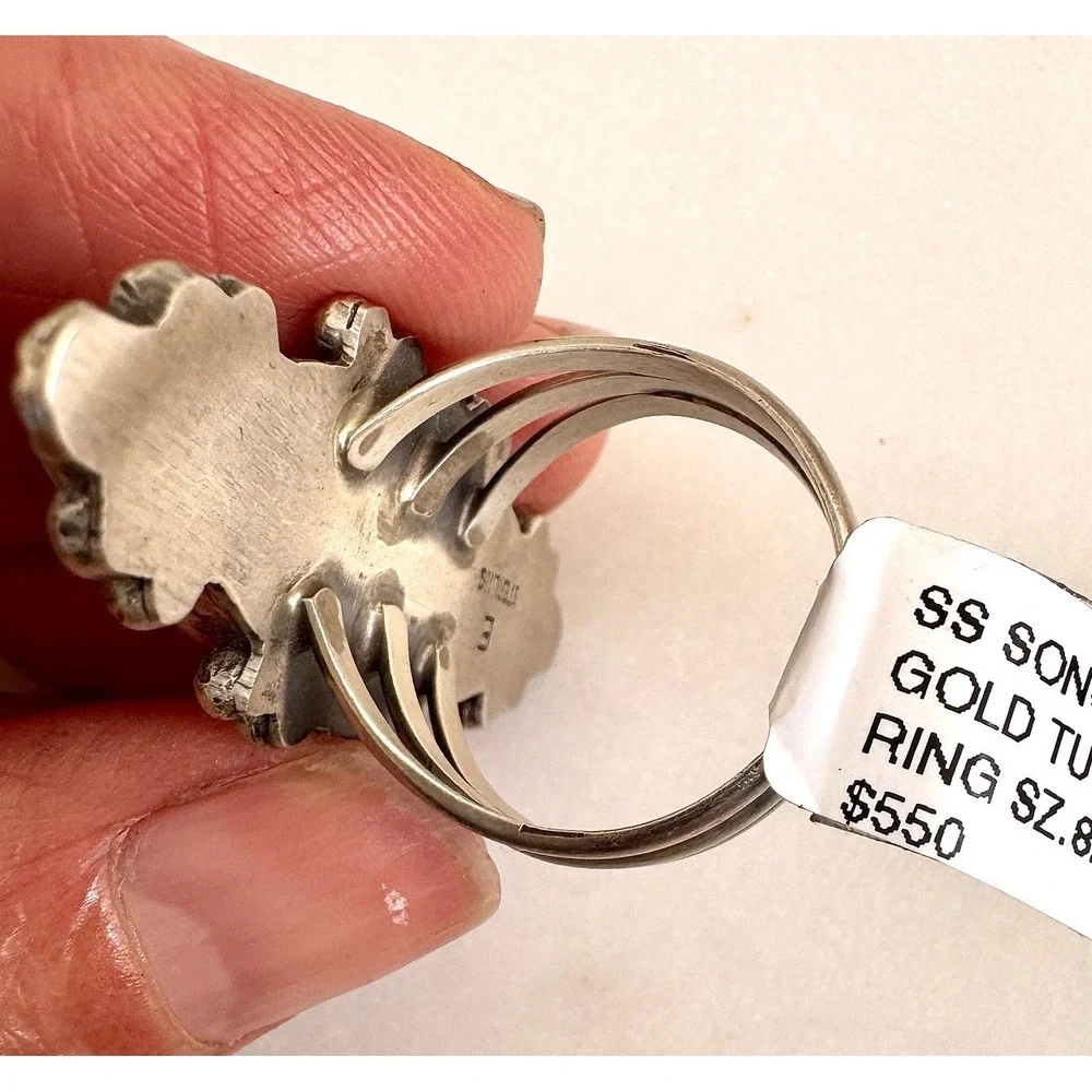 Long‎ Navajo Sonoran Turquoise Ring Sz 8 Signed Skeets Sterling Two Stone Native